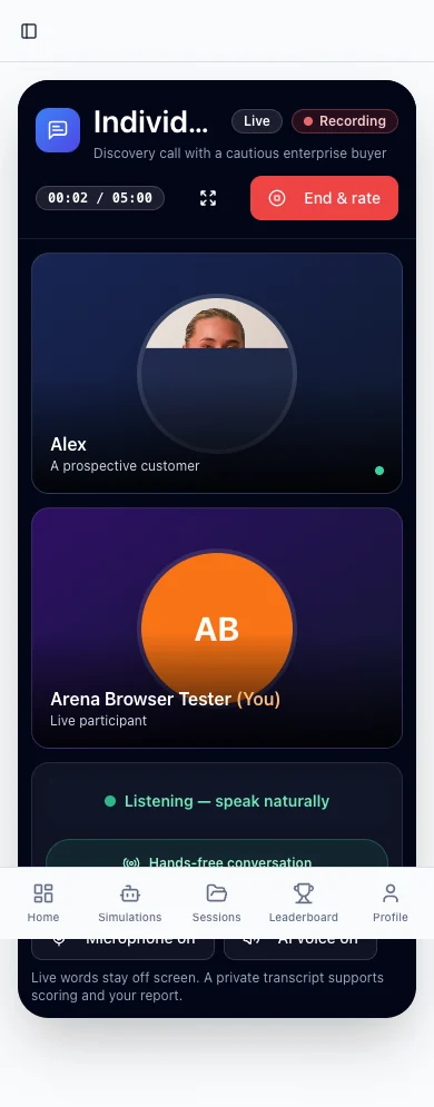 Actual mobile TrainerSim audio roleplay room with AI and learner seats